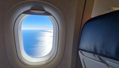 Fototapeta premium The perspective of an airplane passenger looking out the window, a stretch of blue sea is visible.