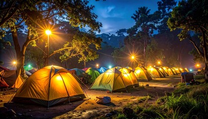 Refugee tents are lit by emergency lights at night.