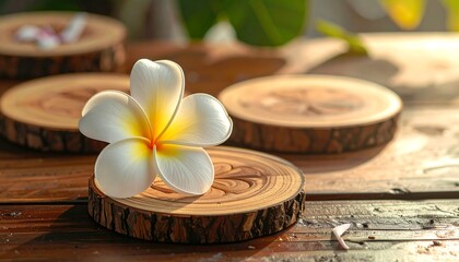 Fototapeta premium A single white flower with yellow center rests on a wood slice coaster. Other coasters and petals are in the background