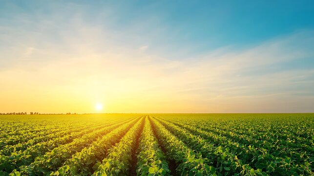 Vast green field with rows of crops under a bright sunny sky at sunrise