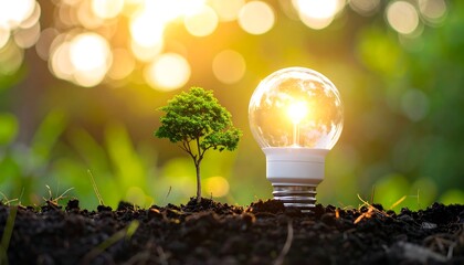 A small tree sprouts beside a glowing lightbulb in rich soil, representing sustainable energy