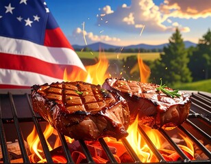 Grilled steaks with american flag background perfect for patriotic celebrations