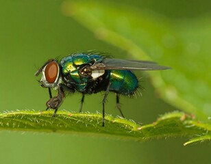 Close-up of a metallic green fly on a leaf
