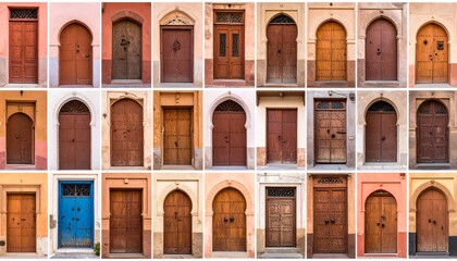 A collage of many old wooden doors