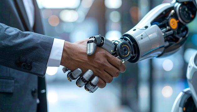 Businessman and robot shaking hands. Modern, futuristic