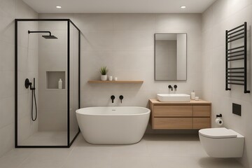 Contemporary Minimalist Bathroom: Freestanding Tub, Black-Framed Walk-in Shower, Floating Wood Vanity, Neutral Tiles, Matte Black Fixtures