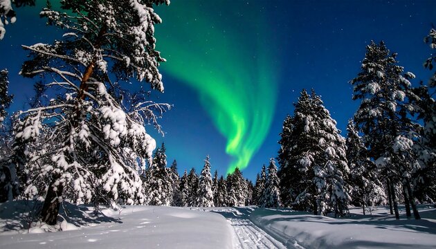 Northern Lights over a snowy forest at night