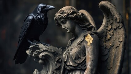 Gothic Angel Statue with Raven Companion in a Moody Cemetery Setting.