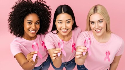 Diverse female friends in pink holding pink ribbons against a pink background —  October World Breast Cancer Awareness Month video HD. Pink october