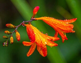 Two vibrant orange-red flowers with water droplets