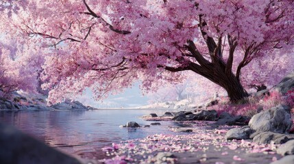 Enchanting Pink Cherry Blossom Riverbank Scene.
