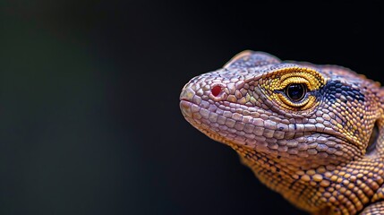 Obraz premium Closeup profile of a monitor lizards head with detailed scales and yellow eyes