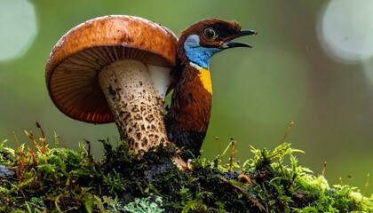 A colorful bird perched on a mushroom in a forest