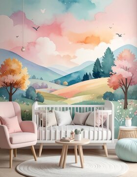 Whimsical room landscape soft, qute babys depicting dreamy artwork inviting abstract wallpaper, colors