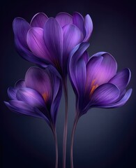 Delicate purple crocus blossoms stand out against a dark backdrop, showcasing intricate detail and rich color.