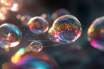 Iridescent Soap Bubbles Floating in Dreamy Light, Abstract Macro Photography.