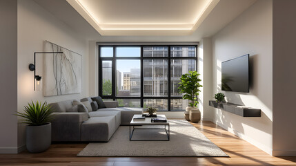 Fototapeta premium Ultra Realistic Interior Photograph of a Modern Living Space with Natural Light and Contemporary Design Elements