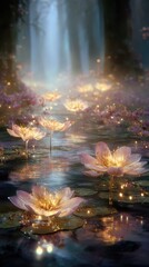 Ethereal Lotus Pond - Glowing Blooms Reflecting Mystical Waterfall Light, Creating a Serene Fantasy Dream.