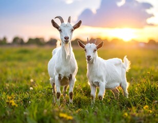 Obraz premium Two white goats in a grassy field at sunset (1)