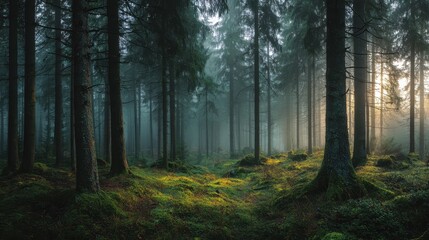 Naklejka premium Ethereal Sunbeams in Misty Ancient Forest, Illuminating Vibrant Green Moss Carpet.