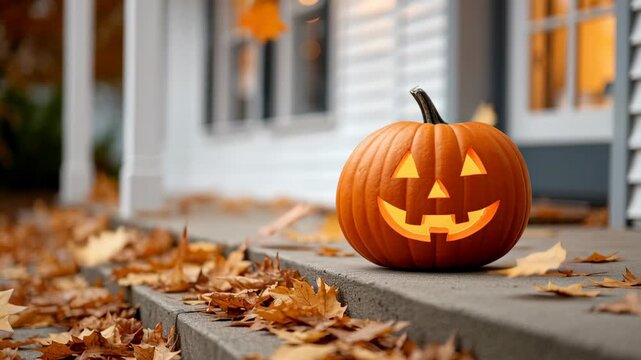 A glowing jack-o'-lantern sits on porch steps adorned with fallen autumn leaves as a gentle breeze blows them around.