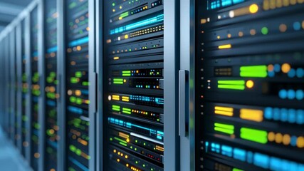 A close-up shot of a modern data center with rows of server racks featuring blinking lights, highlighting advanced technology and digital infrastructure. - Powered by Adobe