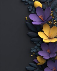 A visually striking arrangement of vibrant purple and yellow blossoms, set against a sophisticated dark gray backdrop, with delicate, textured foliage.