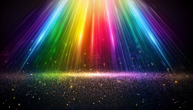 Rainbow Light Beams Shining On Black Background With Glitter Particles