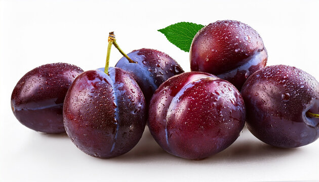 Fresh Ripe Plums With Water Droplets Close Up Still Life Fruit Food Photography Isolated On Transparent Background