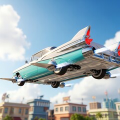 Retro Futuristic Flying Car Soaring Over Cityscape.