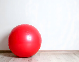 Bright Red Exercise Ball on Wooden Floor Against White Background
