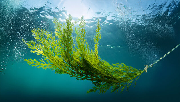 Green Seaweed Ulva Lactuca Algae Swing Underwater With Bubbles