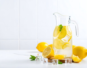 Refreshing Lemonade Pitcher on White Surface with Fresh Lemons
