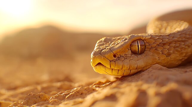 Closeup of a desert vipers head basking in the warm glow of the setting sun