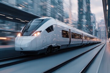 Naklejka premium Modern white high speed train moving quickly through a futuristic city with blurred motion effect and glass skyscrapers in the background
