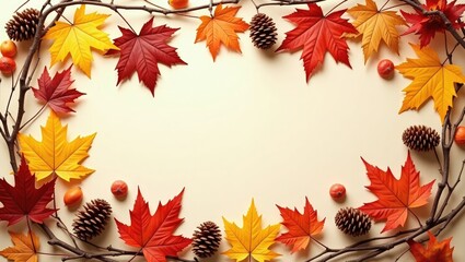 Obraz premium Fall Foliage Frame with Maple Leaves and Pine Cones