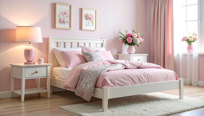 A cozy, pink bedroom with a bed, lamp, and art