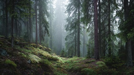 Obraz premium Misty Forest Sunlight Piercing Through Tall Evergreen Trees, Mossy Ground.