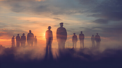 Silhouettes of soldiers standing at sunset symbolizing remembrance and honor
