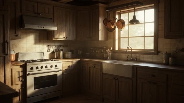 A rustic kitchen featuring wood cabinetry a white range  a farmhouse sink beneath a window bathing the scene in natural light