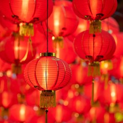 Obraz premium Many glowing red lanterns hanging