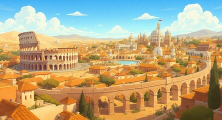 Fototapeta premium Ancient Roman Cityscape with Colosseum and Architecture.