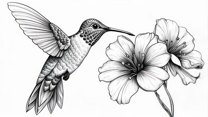 Obraz premium Hummingbird in Flight with Flowers - Detailed Black and White Illustration.