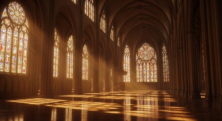 Sunlight Streams Through Cathedral Stained Glass Windows.