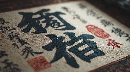 Close-up texture of Asian calligraphy art with vintage paper background