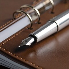 Close-up of a fountain pen resting on a brown leather notebook