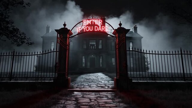Gated entrance to a scary gothic manor with an ominous red neon invitation on a mysterious and foggy night
