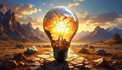 A cracked lightbulb in a landscape at sunset