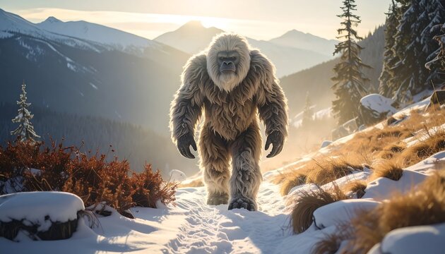 A creature walks snowy mountain path