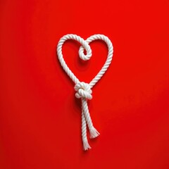 White rope knotted in a heart shape on red background